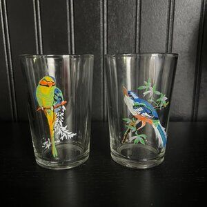 Vintage KIG Malaysia Exotic Tropical Birds 4" Glass Tumblers (2)